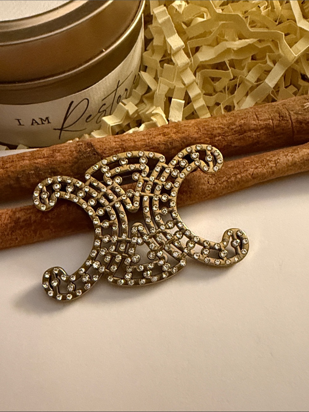 Fashion Jewelry Gold Crystal Double-Scroll Brooch